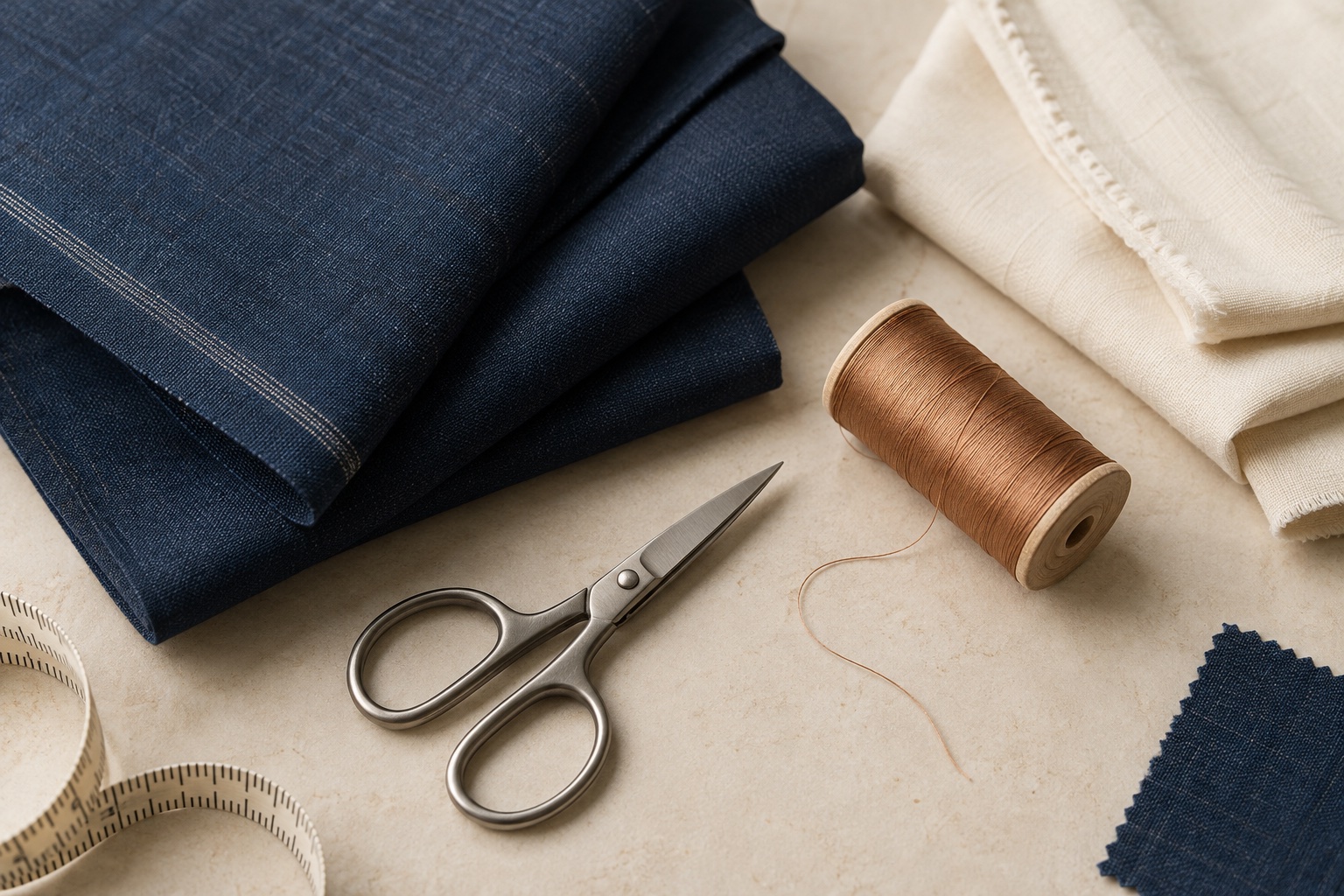 Illustrative navy and ivory fabrics with copper thread and dressmaking scissors
